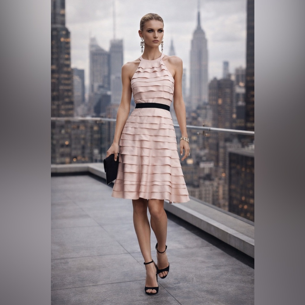 NEW BCBG MaxAzria Tiered Bare Pink Halter Cocktail Dress – Size 0
